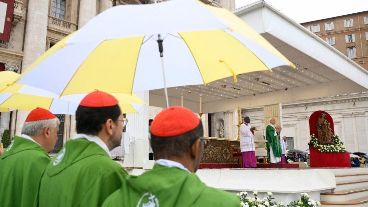 Cardeais se protegem da chuva durante a Santa Missa 
