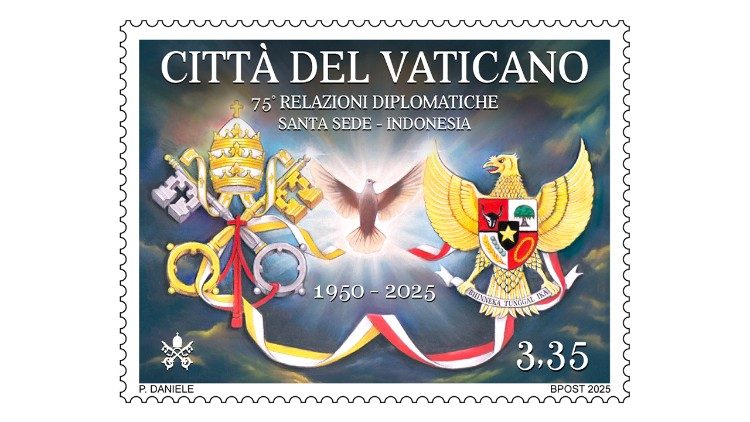 Selo comemorativo do 75º aniversário das relações diplomáticas entre a Santa Sé e a Indonésia Selo comemorativo do 75º aniversário das relações diplomáticas entre a Santa Sé e a Indonésia